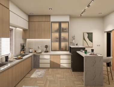 3 boyutlu modern mutfak tasarımı ve doğal taş granit. İç musluk ve ev aletlerinin detaylarıyla taştan tepesi ve adası.