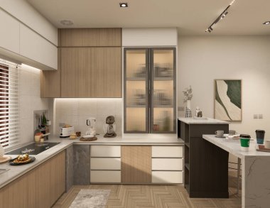 3 boyutlu modern mutfak tasarımı ve doğal taş granit. İç musluk ve ev aletlerinin detaylarıyla taştan tepesi ve adası.