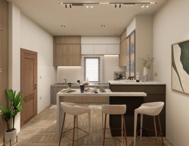 3 boyutlu modern mutfak tasarımı ve doğal taş granit. İç musluk ve ev aletlerinin detaylarıyla taştan tepesi ve adası.