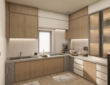 3 boyutlu modern mutfak tasarımı ve doğal taş granit. İç musluk ve ev aletlerinin detaylarıyla taştan tepesi ve adası.