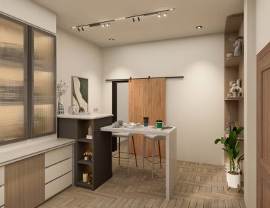 3 boyutlu modern mutfak tasarımı ve doğal taş granit. İç musluk ve ev aletlerinin detaylarıyla taştan tepesi ve adası.