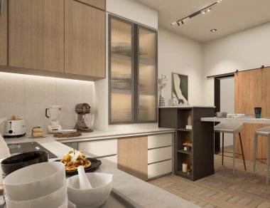 3 boyutlu modern mutfak tasarımı ve doğal taş granit. İç musluk ve ev aletlerinin detaylarıyla taştan tepesi ve adası.