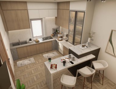 3 boyutlu modern mutfak tasarımı ve doğal taş granit. İç musluk ve ev aletlerinin detaylarıyla taştan tepesi ve adası.