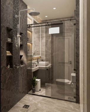 3D tasarım modern banyo tam sahne iç tasarım.
