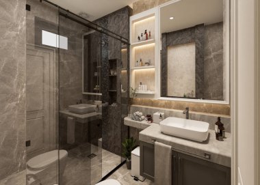3D tasarım modern banyo tam sahne iç tasarım.