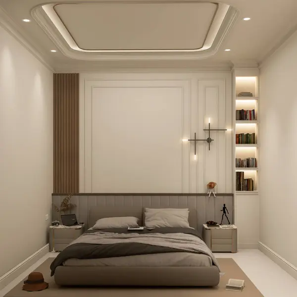 İç Yatak Odası Duvar Modeli - 3D Görüntü, 3D Görüntü. Aydınlık, şirin ve rahat yatak odasının içi dağınık, gri ve siyah yastıklı ayrıca boş beyaz duvar arkaplanı.. 