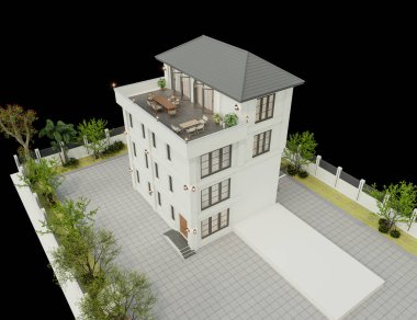 Akşam manzarasında çimenlik çimenli modern bir apartmanın 3 boyutlu görüntüsü.