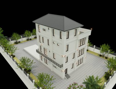 Akşam manzarasında çimenlik çimenli modern bir apartmanın 3 boyutlu görüntüsü.