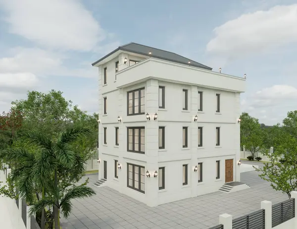 Akşam manzarasında çimenlik çimenli modern bir apartmanın 3 boyutlu görüntüsü.