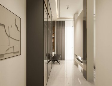 3D görüntüleme modern yatak odası iç mekan tasarımı.