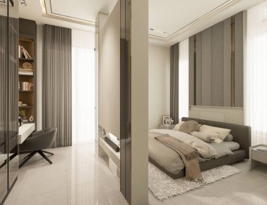 3D görüntüleme modern yatak odası iç mekan tasarımı.