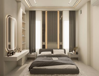 3D görüntüleme modern yatak odası iç mekan tasarımı.