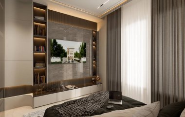 3D görüntüleme modern yatak odası iç mekan tasarımı.