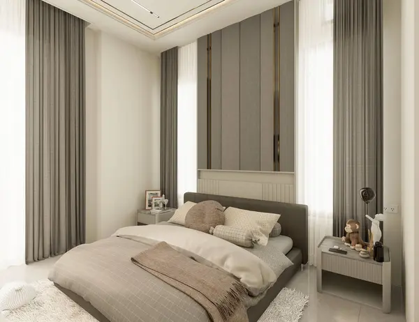 3D görüntüleme modern yatak odası iç mekan tasarımı.