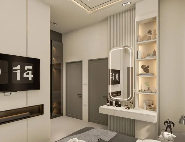 3D görüntüleme modern yatak odası iç mekan tasarımı.