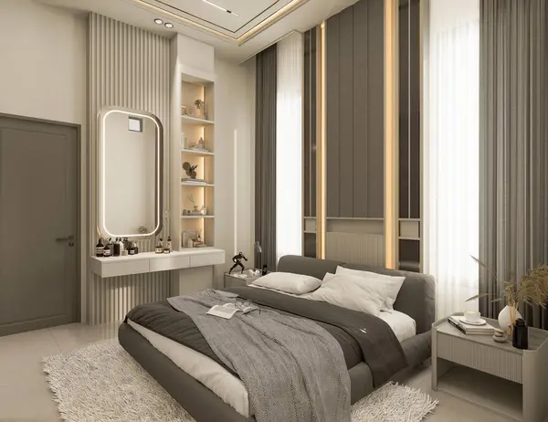 3D görüntüleme modern yatak odası iç mekan tasarımı.