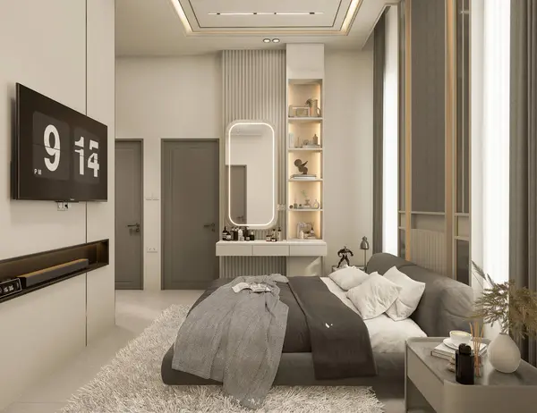 3D görüntüleme modern yatak odası iç mekan tasarımı.