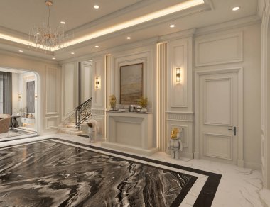 Klasik salon mermer zemin, siyah beyaz, beyaz kapılar ve dinlenme bölgesi tavanla dekore edilmiş 3 boyutlu iç tasarım..