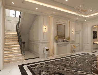 Klasik salon mermer zemin, siyah beyaz, beyaz kapılar ve dinlenme bölgesi tavanla dekore edilmiş 3 boyutlu iç tasarım..