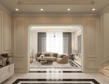Klasik salon mermer zemin, siyah beyaz, beyaz kapılar ve dinlenme bölgesi tavanla dekore edilmiş 3 boyutlu iç tasarım..