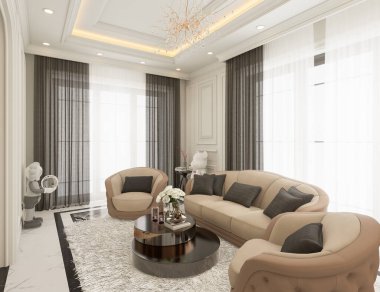 Klasik salon mermer zemin, siyah beyaz, beyaz kapılar ve dinlenme bölgesi tavanla dekore edilmiş 3 boyutlu iç tasarım..