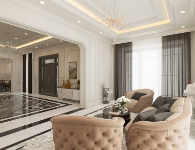 Klasik salon mermer zemin, siyah beyaz, beyaz kapılar ve dinlenme bölgesi tavanla dekore edilmiş 3 boyutlu iç tasarım..