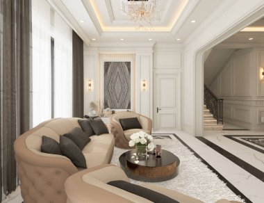 Klasik salon mermer zemin, siyah beyaz, beyaz kapılar ve dinlenme bölgesi tavanla dekore edilmiş 3 boyutlu iç tasarım..