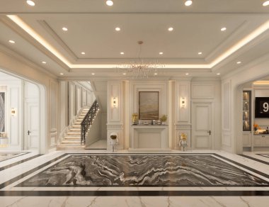 Klasik salon mermer zemin, siyah beyaz, beyaz kapılar ve dinlenme bölgesi tavanla dekore edilmiş 3 boyutlu iç tasarım..