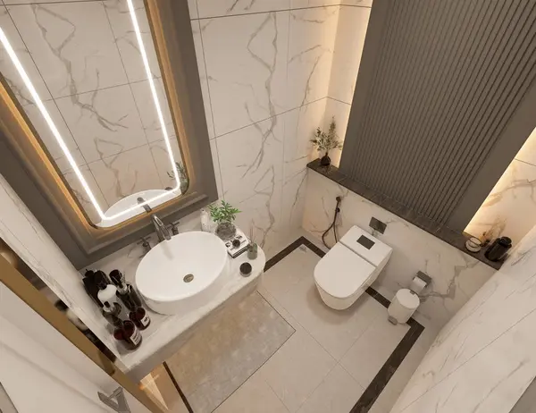 Modern tuvalet, modern tuvalet dolabı, beyaz lavabo, tezgah, tuvalet aksesuarları. 3 Boyutlu Hazırlama