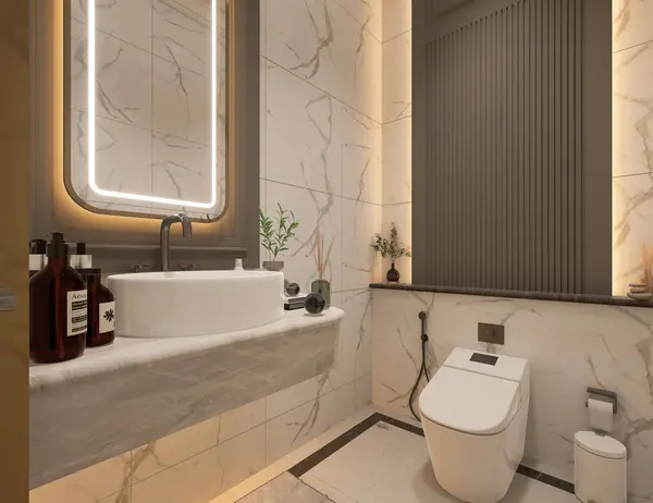 Modern tuvalet, modern tuvalet dolabı, beyaz lavabo, tezgah, tuvalet aksesuarları. 3 Boyutlu Hazırlama