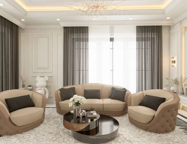 Klasik salon mermer zemin, siyah beyaz, beyaz kapılar ve dinlenme bölgesi tavanla dekore edilmiş 3 boyutlu iç tasarım..