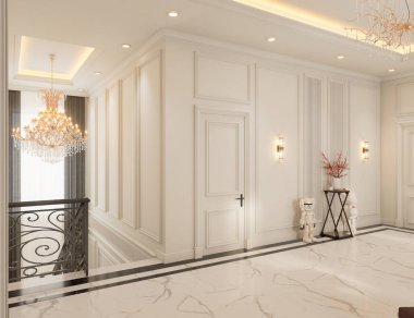 Modern konforlu oturma odası ve beyaz desenli duvar dokusu iç dizayn 3D