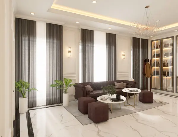 Modern konforlu oturma odası ve beyaz desenli duvar dokusu iç dizayn 3D