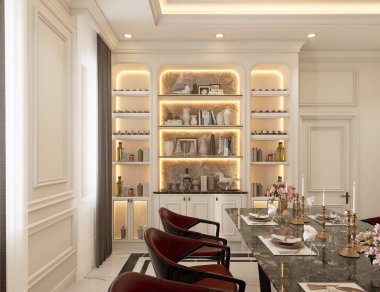 Modern klasik beyaz mutfak ve yemek odası iç dizaynı, 3D