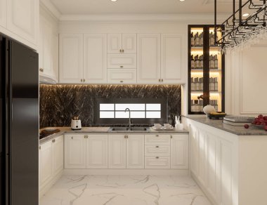 Modern klasik beyaz mutfak ve yemek odası iç dizaynı, 3D