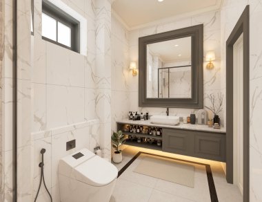 Modern tarz lüks beyaz banyo mermer taşlı 3D resimli..