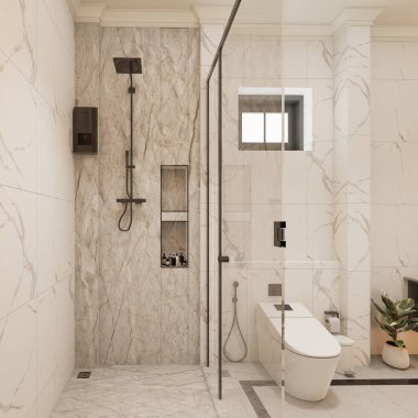 Modern tarz lüks beyaz banyo mermer taşlı 3D resimli..