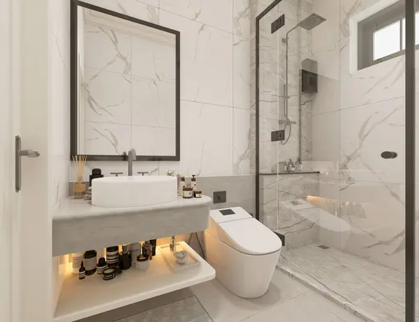 Modern tarz lüks beyaz banyo mermer taşlı 3D resimli..