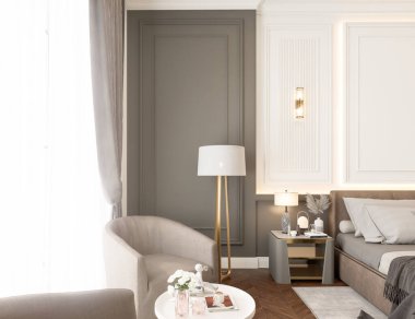 Yatak odasının içi modern klasik tarzda tasarlandı. Büyük bir yatak ve duvarlarında süsler var. Arka planda televizyon dolapları ve gardırop ve vitrinleri görebilirsiniz. 3 Boyutlu Hazırlama.