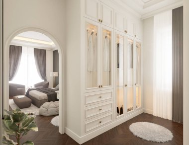 Yatak odasının içi modern klasik tarzda tasarlandı. Büyük bir yatak ve duvarlarında süsler var. Arka planda televizyon dolapları ve gardırop ve vitrinleri görebilirsiniz. 3 Boyutlu Hazırlama.