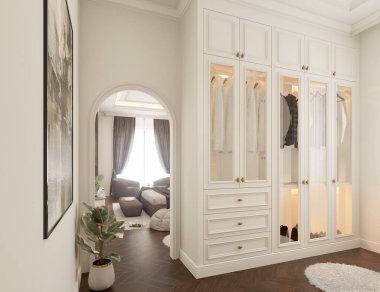 Yatak odasının içi modern klasik tarzda tasarlandı. Büyük bir yatak ve duvarlarında süsler var. Arka planda televizyon dolapları ve gardırop ve vitrinleri görebilirsiniz. 3 Boyutlu Hazırlama.