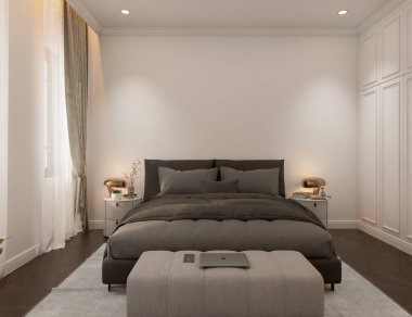 Yatak odasının içi modern klasik tarzda tasarlandı. Büyük bir yatak ve duvarlarında süsler var. Arka planda televizyon dolapları ve gardırop ve vitrinleri görebilirsiniz. 3 Boyutlu Hazırlama.