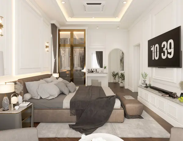 Yatak odasının içi modern klasik tarzda tasarlandı. Büyük bir yatak ve duvarlarında süsler var. Arka planda televizyon dolapları ve gardırop ve vitrinleri görebilirsiniz. 3 Boyutlu Hazırlama.