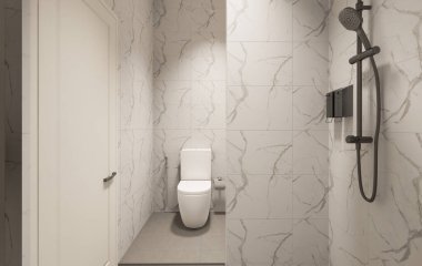 3D Render Modern minimalist beyaz banyo içi duş, tuvalet, lavabo ve ayna ile.