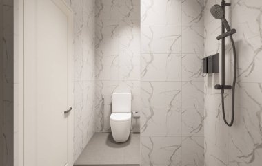 3D Render Modern minimalist beyaz banyo içi duş, tuvalet, lavabo ve ayna ile.
