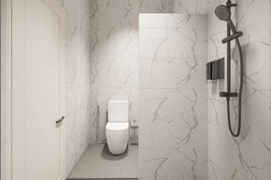 3D Render Modern minimalist beyaz banyo içi duş, tuvalet, lavabo ve ayna ile.