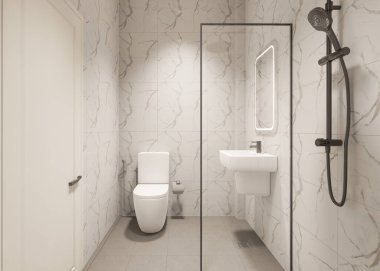 3D Render Modern minimalist beyaz banyo içi duş, tuvalet, lavabo ve ayna ile.
