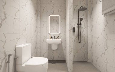 3D Render Modern minimalist beyaz banyo içi duş, tuvalet, lavabo ve ayna ile.