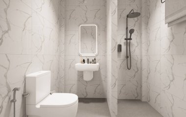 3D Render Modern minimalist beyaz banyo içi duş, tuvalet, lavabo ve ayna ile.