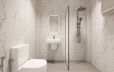 3D Render Modern minimalist beyaz banyo içi duş, tuvalet, lavabo ve ayna ile.